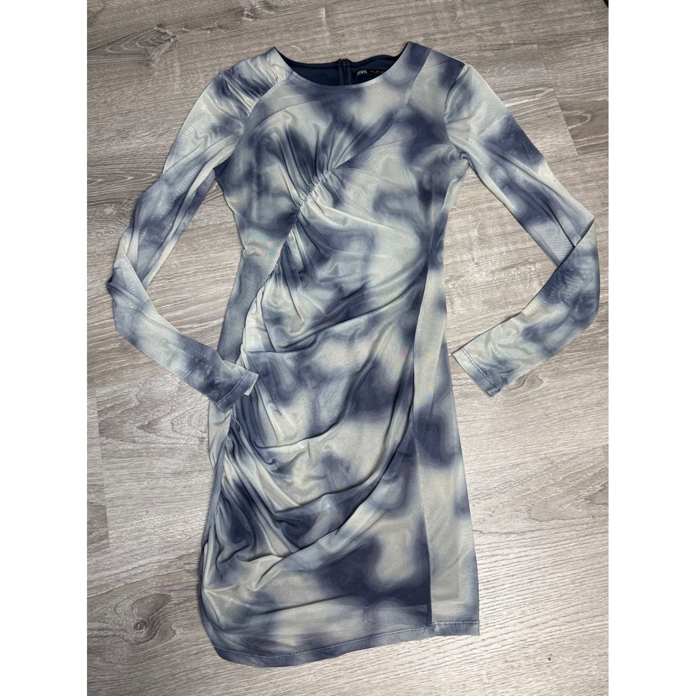 Zara Women Blue Grey Abstract Marble Print Mesh Ruched Mini Dress Large